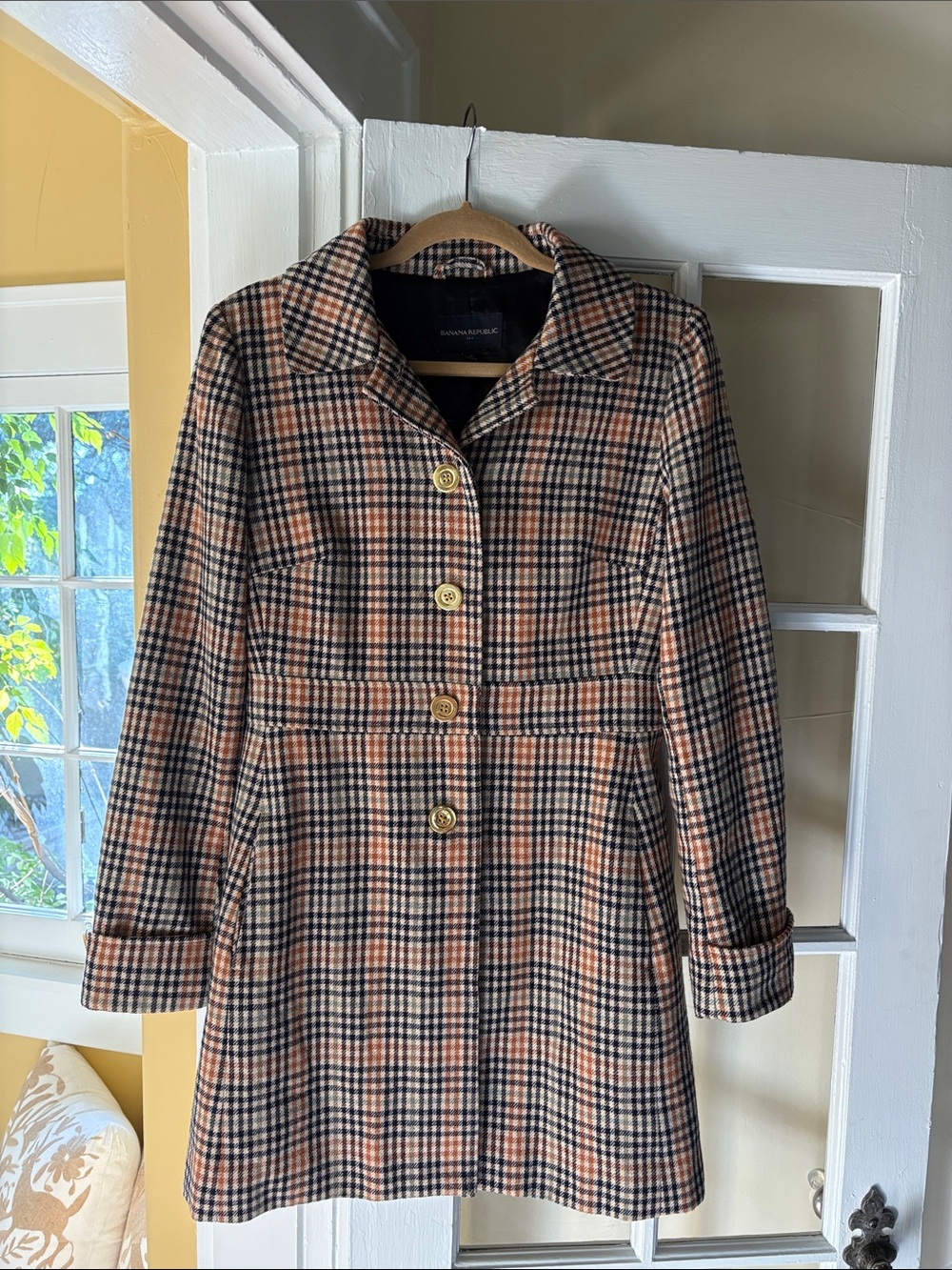 Banana Republic Plaid Pea Coat in Beige, Black and Rust